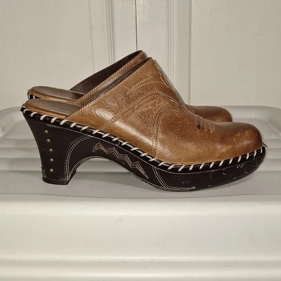 Sonora leather cowboy boot western mules clogs slip-on - brown embroidered - 10 - Picture 5 of 9
